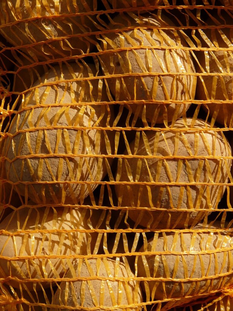 potatoes, potato sack, bag, vegetables, potato, food, ingredient, meal, market